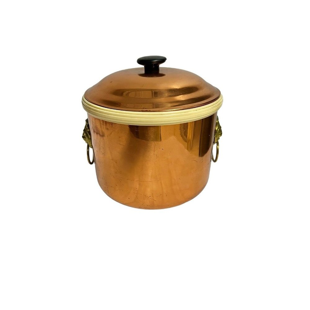 Vintage Coppercraft Guild Copper Ice Bucket Lion Head O Ring Handles Lid Barware